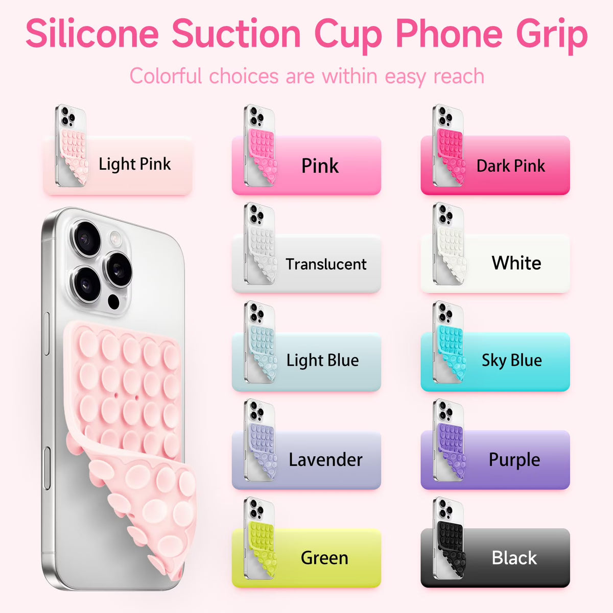 (2 Pack) Silicone Suction Cup Phone Case Mount Double Sided, Sticky Phone Grip with Higher Suction Power for Cell Phone, Hands-Free Phone Accessories for Selfies and Videos, Pink